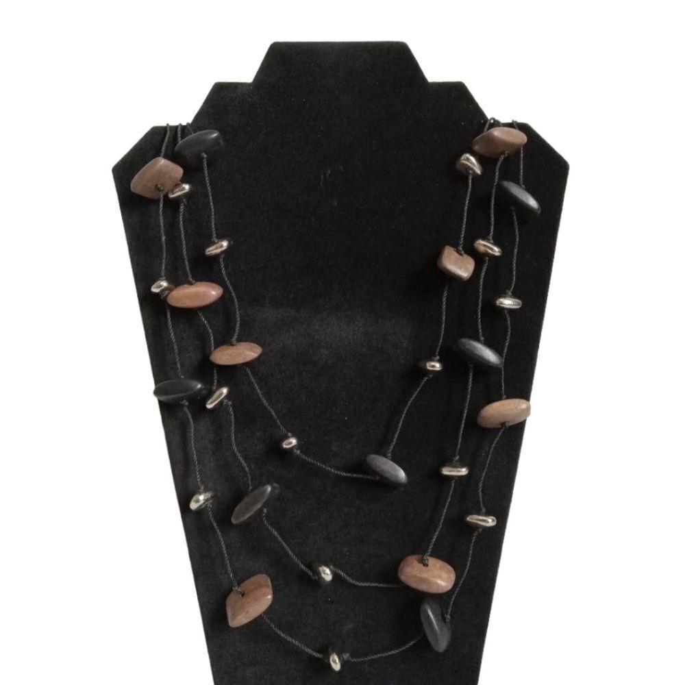 Black and Brown Wooden Plastic Beaded Triple Strand Layered Fashion Necklace